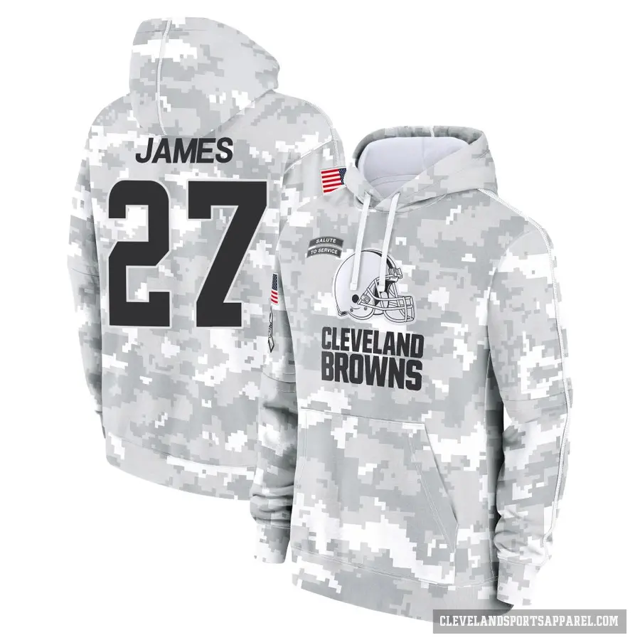 Men's ＃27 LaMareon James Cleveland Browns Arctic Camo 2024 Salute to Service Club Fleece Pullover Hoodie