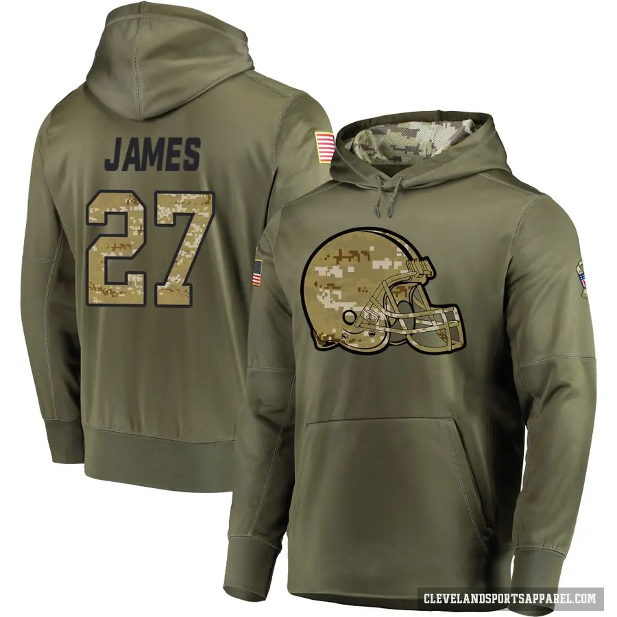 Men's ＃27 LaMareon James Cleveland Browns Olive Salute to Service Pullover Hoodie