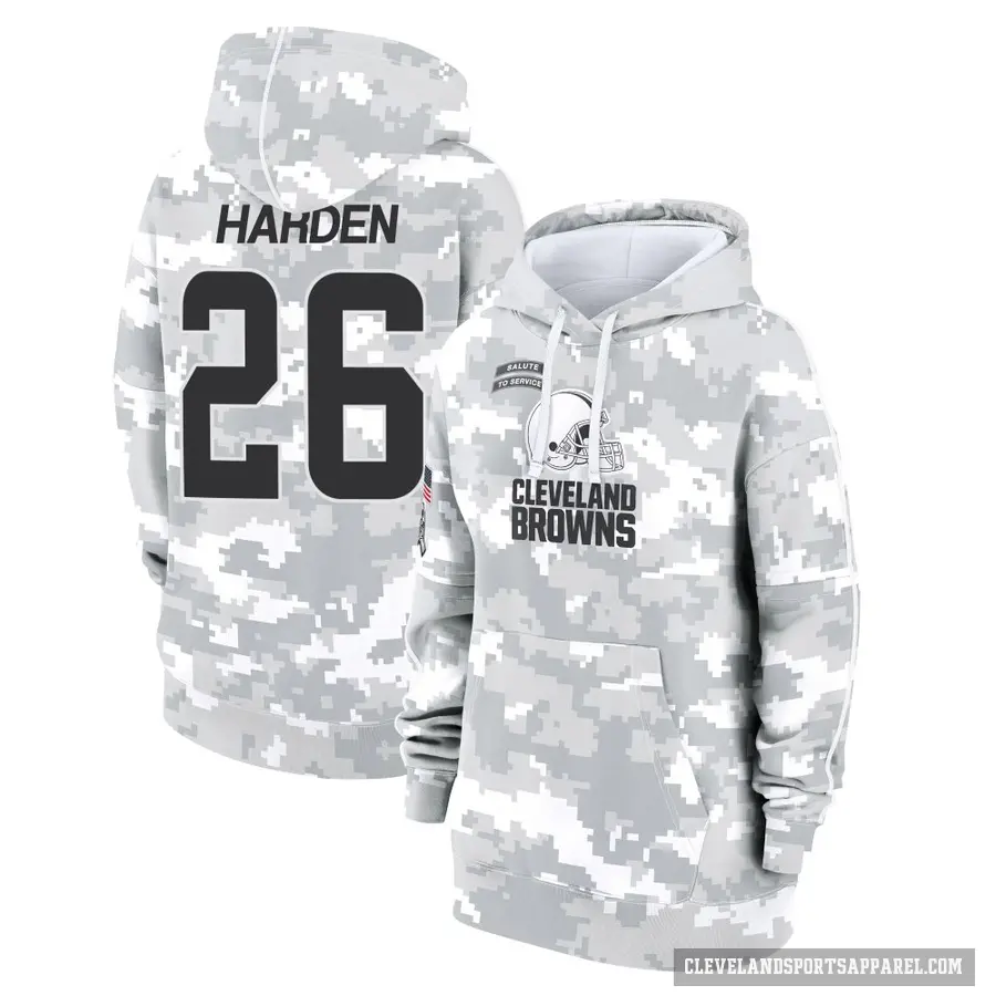 Women's ＃26 Myles Harden Cleveland Browns Arctic Camo 2024 Salute to Service Club Fleece Pullover Hoodie