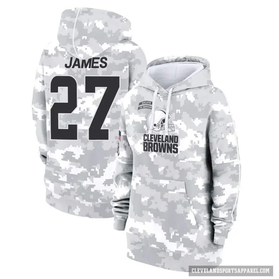 Women's ＃27 LaMareon James Cleveland Browns Arctic Camo 2024 Salute to Service Club Fleece Pullover Hoodie