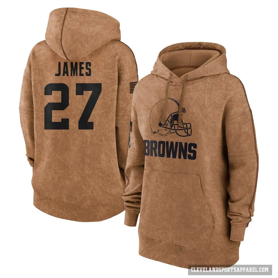 Women's ＃27 LaMareon James Cleveland Browns Brown 2023 Salute To Service Pullover Hoodie